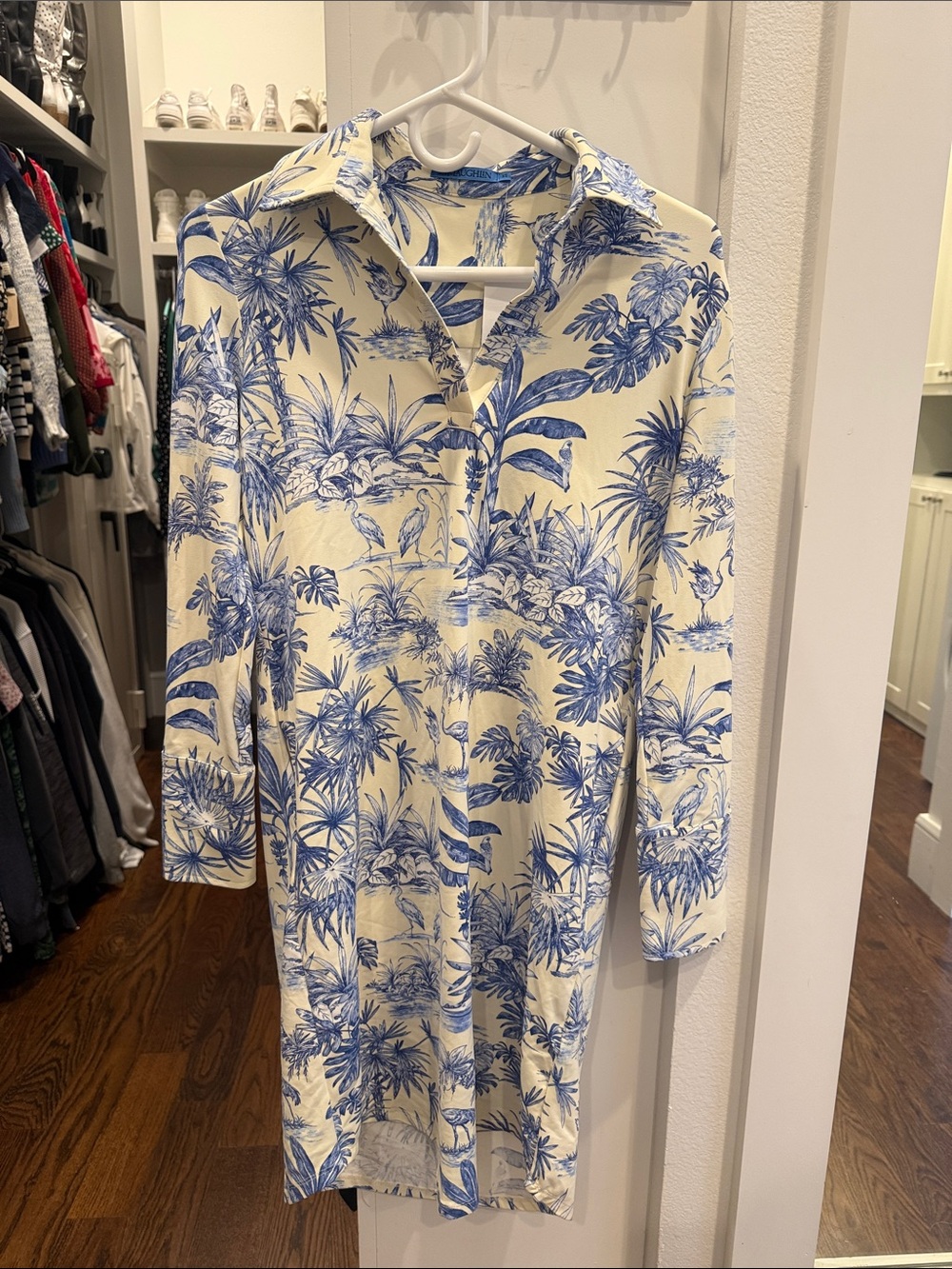 J. McLaughlin Cream and Blue Printed Midi Dress